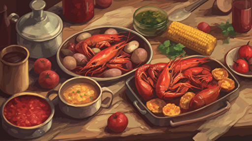 a crawfish boil dinner spread out on a table, eye view, crawfish, corn cobs, sliced saugages, small red potatoes, vector, oil painting style