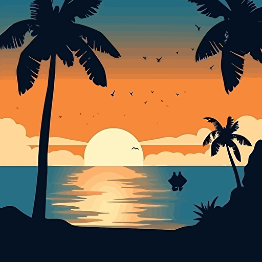 flat vector silhouette of a tropical beach scene