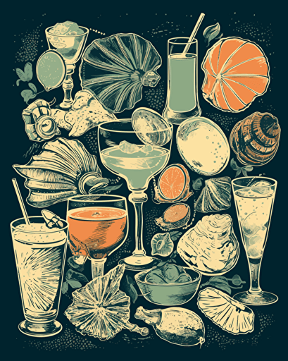 seashells cocktail, retro aesthetics, vector image, sticker design, pantone color scheme: 12-1706 TCX, 12-0824 TCX, 15-0146 TCX, 15-1164 TCX, 16-6340 TCX, 17-4247 TCX, 18-2043 TCX, 19-6026 TCX. The final piece should exude a warm, holiday-like ambiance.