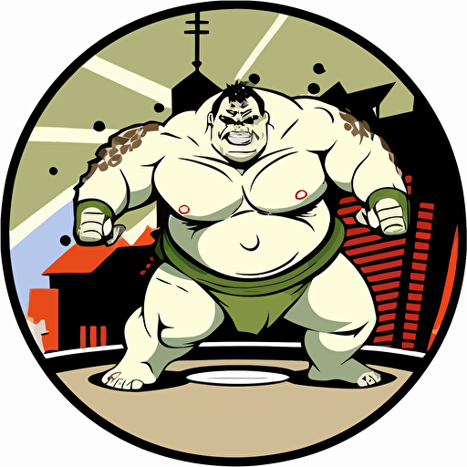 ogre in a sumo match, in bad part of city, vector logo, vector art, emblem, simple cartoon, 2d, no text, white background