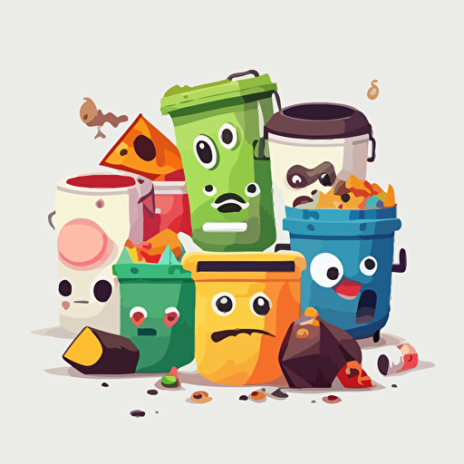 garbage, cans, white background, vector, cartoon