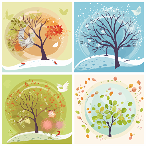 Vector set illustration of 4 seasons. Spring, summer, autumn, winter