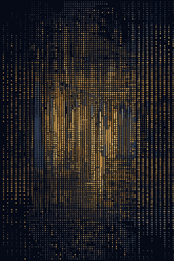 seamless wallpaper made of digital binary barcode data, vector dot matrix, futuristic zigguart sea theme, ocean, ultra-sharp intricate details, navy and gold, dark indigo and dark grey