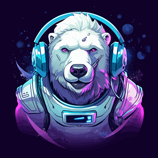 a friendly looking polar bear in a futuristic space suit, using a computer that's emanating a powerful force, purple blue colors, vector style, corporate logo, clean look, detailed