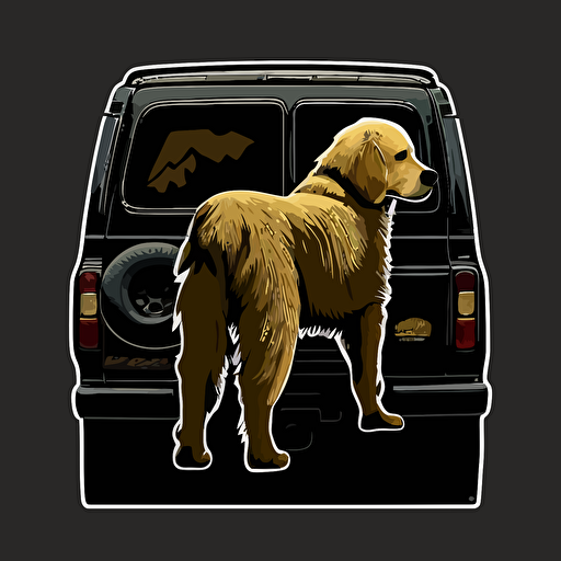 a sticker of a Jeep looked from behind that has a golden retriever on it in 2D vector style, black background