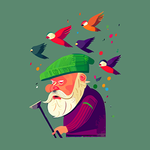 funny, angry old Scottish man with beard and golf hat shooting at birds, playful, brightly coloured, vector, solid colour,