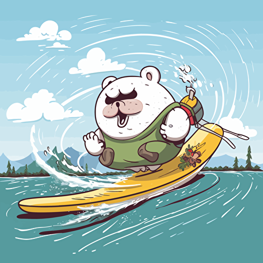 vector cartoon art of front facing water bear waterskiing with the wind blowing in its face and the boat behind him