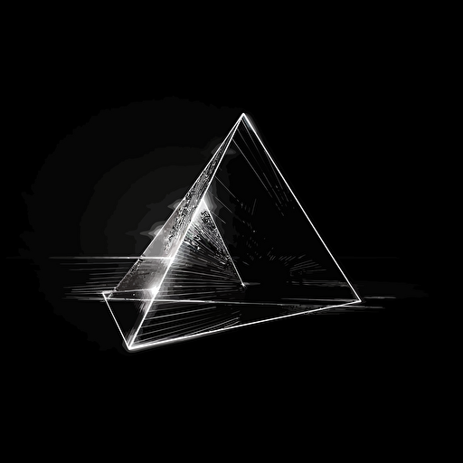 futuristic iconic logo of a triangular prism hit by a ray of light, white vector, on black background