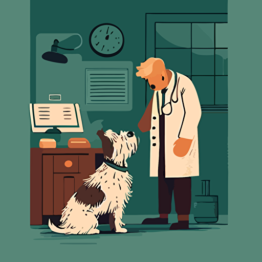 a cute vector art illustration of a dog looking at the veterinary doctor, low details