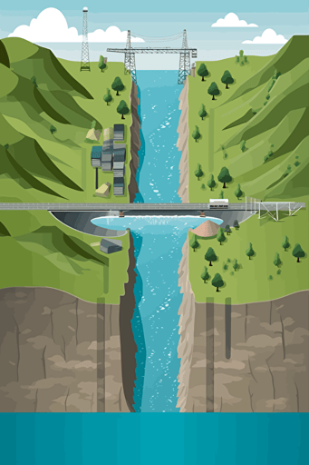 Create an vector illustration depicting a river with a water dam seperates it. The upstream section is surrounded by mountains, The downstream section has concrete riverbank, located in urban areas.