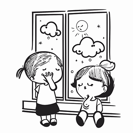 Flat design illustration of children happily thinking about the future, line drawing art, black and white, simple and beautiful, vector art,