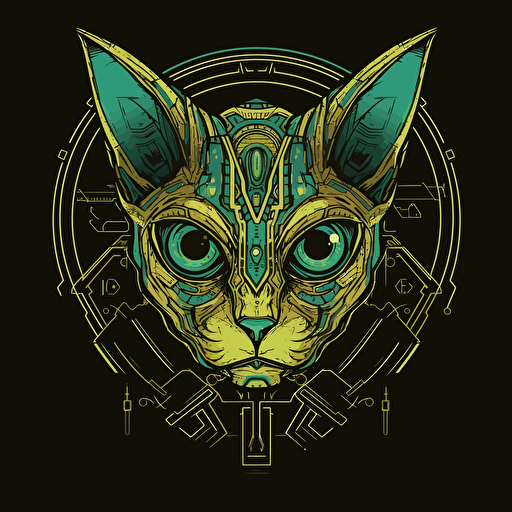 Logo, Menacing, Alien Mecha Cat, Sphynx, Gold Skin, Green Eyes, Big Ears, Triangle Base, Vector Style,