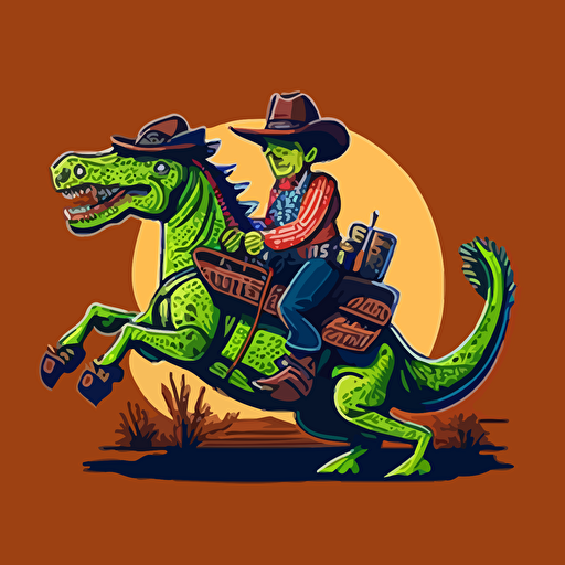 eligator in cowboy style sittin on running horse, cartoon style in decoit, pop colors, vector art