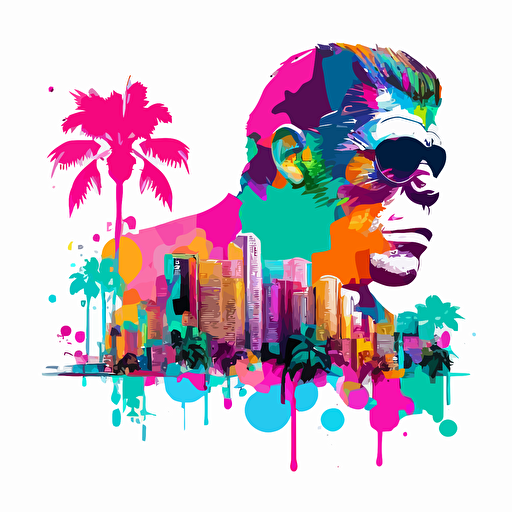 flat, vector art, malibu, miami vice, monkey, vivid 6 colors, white background