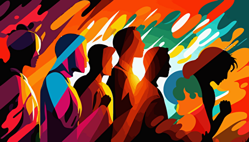 vector art, richly colored ranimated people, group, praying together, sunny background