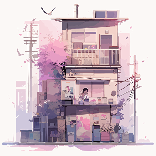 Vector illustration of an apartment building, Aesthetics clean and minimalist, with purple and pink color scheme