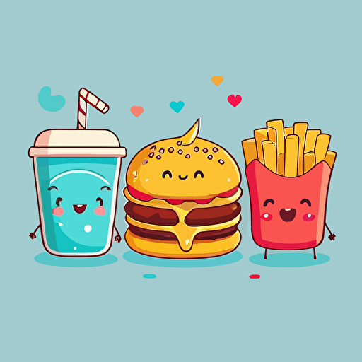 cartoon kawaii burgers and fries illustration, vector, simple clean, minimalist, wallpaper, bright, collection