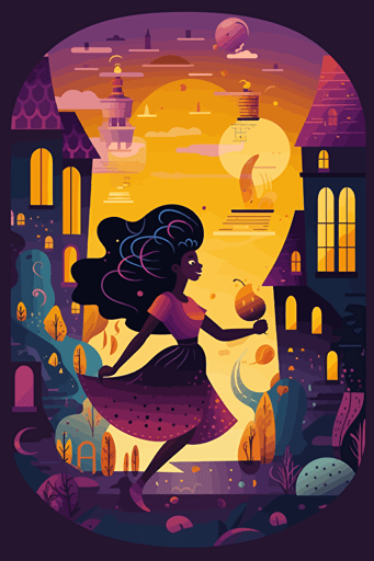 Illustrated flat, black girl in Alice in wonderland dress runs with potion bottle through magical, vector illustration