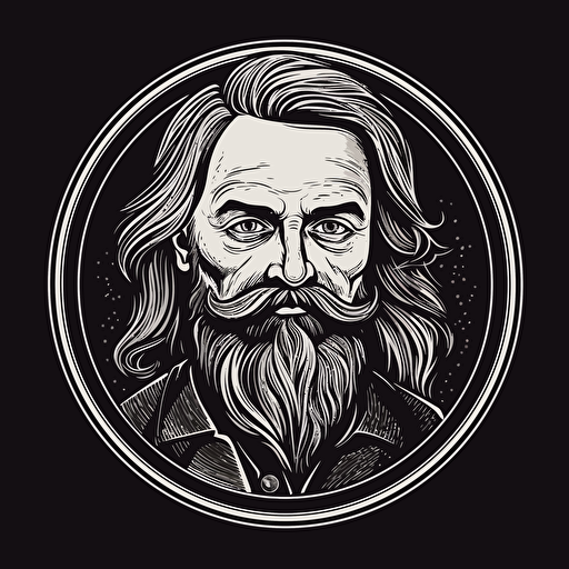 a whiskey logo, simple, falt desing, 2D, vector art, black and white, no gradients, shall contain a crystal bottle, shall contain a an old mann wiht long hair and beard