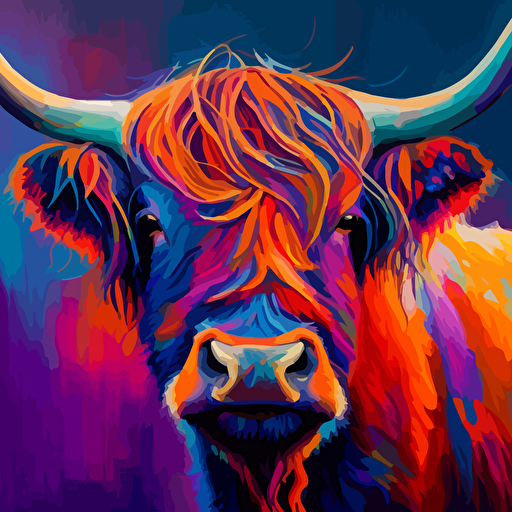 the head and shoulders of a highland cow in the style of Steven Brown painted in bright vivid colours using acrylic paints and a palette knife with a bright red backround
