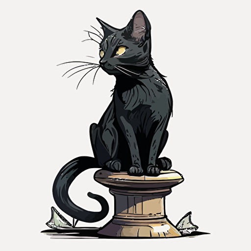 archer drawing style, hand drawn cartoon, black, cute female cat sitting on a pedestal, white background, vector, High definition