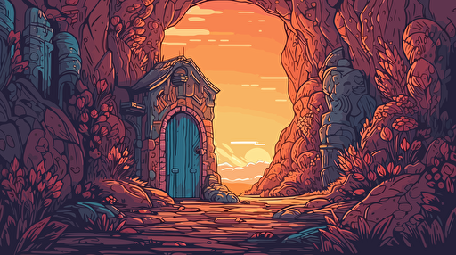 Cozy fantasy illustration. Two large curved portal doorways touching at angle, situated in the middle of the frame, with both doorways leading to other worlds. The left door opening to a town with creatures. The right opening to colorful wildlands, with leaves blowing through the doorway. Vector illustration. 2D hand drawn cartoon animation style with bright colors.