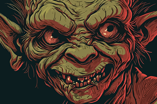 Close up shot of a deformed goblin with very asymetrical face by Paul Gustaf Dore. Grotesqu facial features, deformed, running on all four, hunched back, deformed teeth, red glowing eyes, ghoulish. biblical copperplate art, retro 90s box art, vector style, mainly red colours, inking, pixel art, high detail, less warm colors