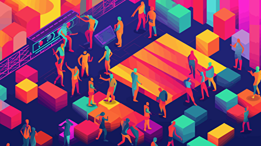 poster for an electronic music festival featuring dancers at a rave. Bright primary colours, vector art, isometric