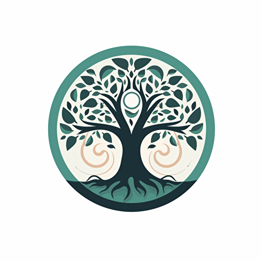 Creative mystery tree logo, flat color, white background, calm and soothing, center focus, vector, logofolio, minimalism