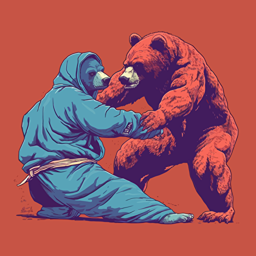 Bear smashing another bear in jiu jitsu, vector animation illustration, 4 colors limit, solid background, high resolution