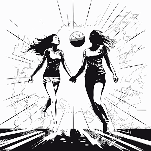 girls playing volleyball,vector black and white illustration,