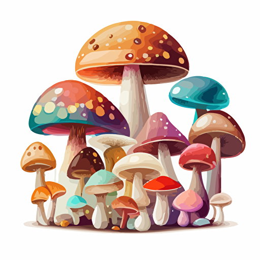 illustrated group of mushrooms, magical, vector art, morandi colours, isolated white background