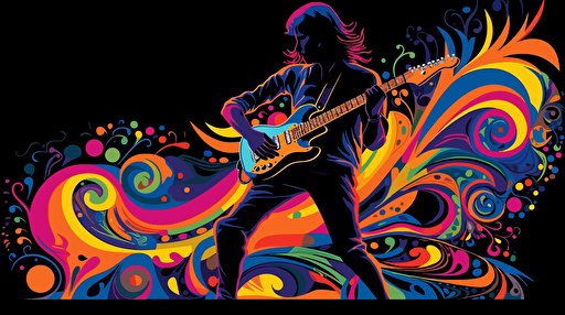 vector illustration of a guitar player dancing around in vivid colors