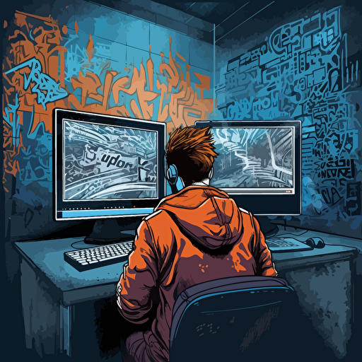 a vector image looking from behind a university teacher who is using a computer, window outlooking a prison yard, blue and orange and dark gray, graffiti style