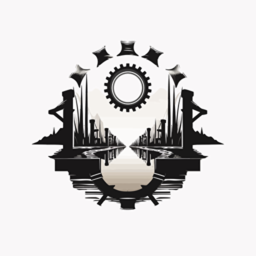 create a logo with a gear in the middle and two gates surrounding it, mirror images of each other, simple, vector, black and white
