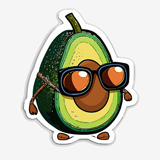 avocado with sunglasses, Sticker, Adorable, Earthy, Pixar, Contour, Vector, White Background, Detailed