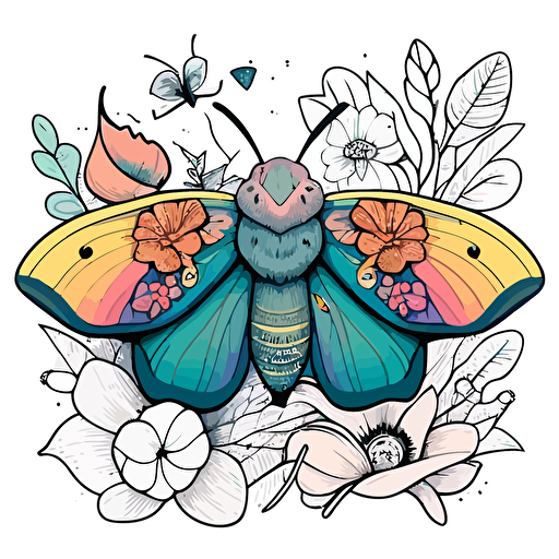 kawaii vector moth with superimposed colorful flowers line drawing super detailed on white background