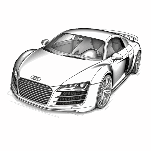 Coche hiper realista, Audi R8, fondo blanco, cuerpo completo, imagen, estilo de libro para colorear sobre fondo blanco, bien compuesta, página de libro para colorear limpia, sin interpolación, sin degradado, contorno fuerte, sin relleno, sin sólidos, sin sombreado , ilustración vectorial, –ar 9:11