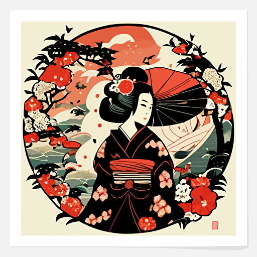 japan cartoons style,geisha,ultra detail, vector art, inspired by Kanō Hōgai, ukiyo-e, by joseph binder, official product photo, trending on pixart, by tite kubo, trending on artstration, background covered with chinese patterns and various monsters