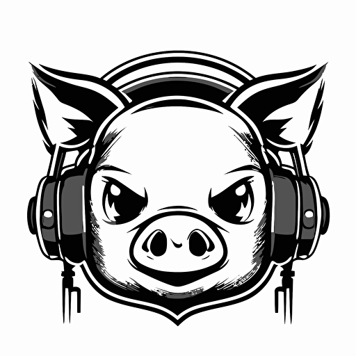 mascot logo of a face of a dj pig with earphones, esports style, black and white, 2D vector logo, flat, white background,