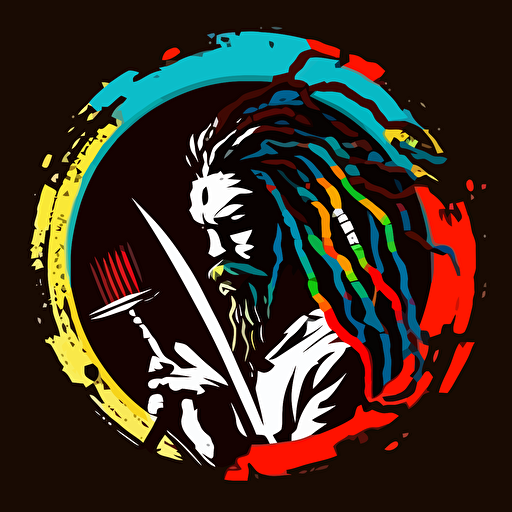 Circular vector logo with a african painter holding a paint brush with long dreadlocks mustach, goatee, black background, creative style