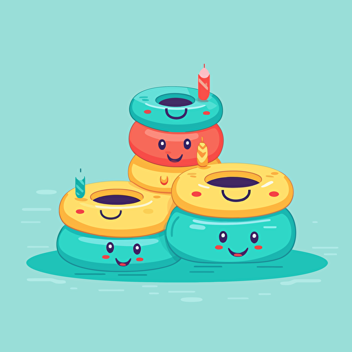 illustration of three pool floats, in fun colors, on a light blue background that looks like pool water, vector style, clipart style, cute style
