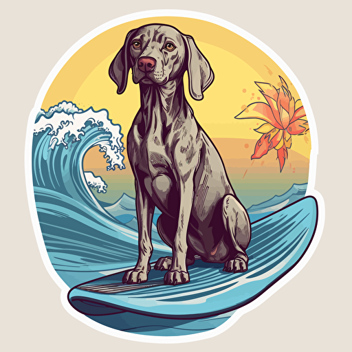 weimaraner puppy riding on top of a surfboard, Sticker, Playful, Bright Colors, Digital Art, Contour, Vector, Big blue wave in Background, Detailed