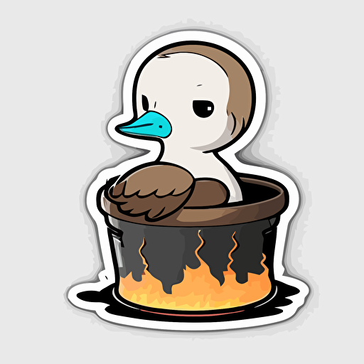 sticker, goose sitting in a pot on a stove with fire all around it, kawaii, contour, vector, white background s 1000