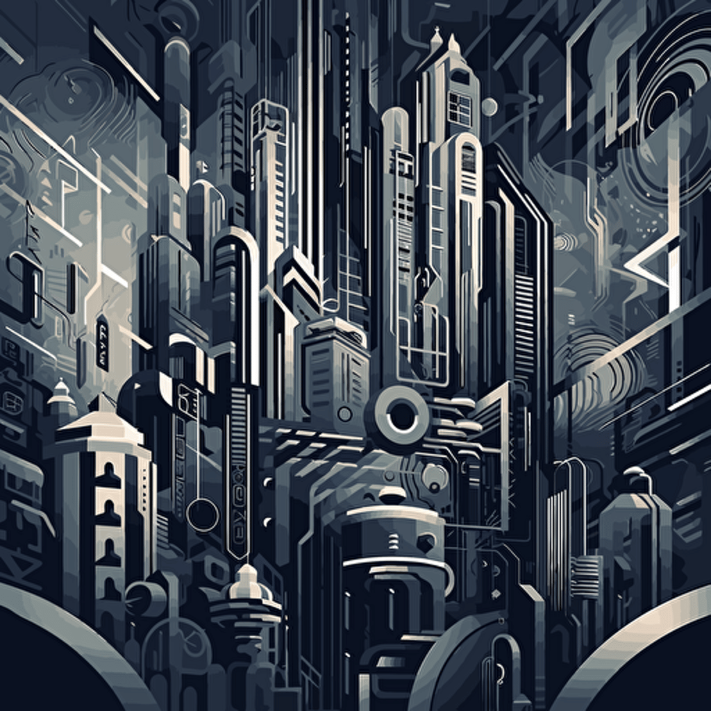 black art deco vector art, Graffiti art mixed with op art and pop surrealism, retrofuturistic sci-fi skyscraper, in the style of Victor Vasarely, Olivier Coipel, Iris Compiet, highly detailed, harsh angles and expressive line work, James Gilleard, Genndy Tartakovsky, Tamara de Lempicka, insane detail