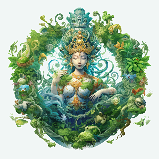 round up design with digital illustration of green tara, magic world inspired by Studio Ghibli, vector illustration, intricate details, unreal engine, extremely high detailing, sharp, white background