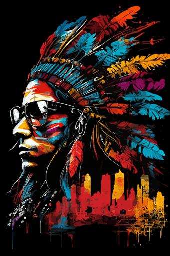 indian chief in sunglasses, vivid colors, city skyline, hand vector art, black background