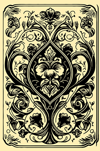 A card back, in an ornate Victorian floral woodcut style, [Two colors]. The card back should have a unique design, with elements of fluidity and movement, Flat with no shadow, no script, horizontal symmetry, while still maintaining a cohesive look and feel throughout the deck. Two circles in the middle. Symmetrical design. The overall design should evoke a sense of tranquility, The final product should be high-quality, vector artwork, suitable for printing on the backs of standard playing cards.