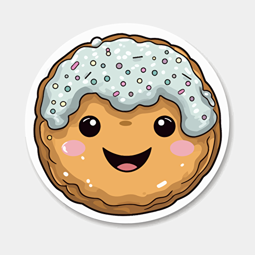 sticker, donut with sprinkles, cute small face. kawaii, contour, vector, white border, gray background