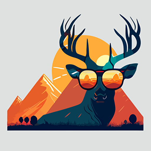 deer in sunglasses with rolling hills in the background and sun with rays at center top flat color vector art
